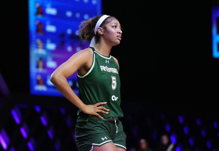 Jan 17, 2025; Miami, FL, USA; Angel Reese (5) of the Rose takes a moment against the Vinyl during a timeout in the first half of the Unrivaled women’s professional 3v3 basketball league at Wayfair Arena.