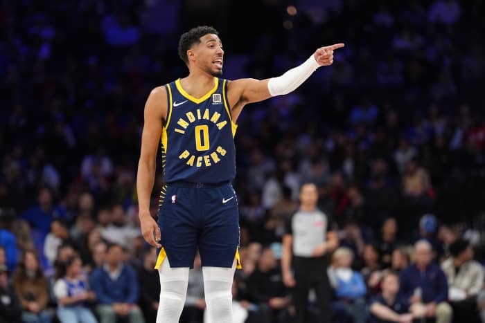 Mar 14, 2025; Philadelphia, Pennsylvania, USA; Indiana Pacers guard Tyrese Haliburton (0) reacts against the Philadelphia 76ers in the third quarter at Wells Fargo Center.