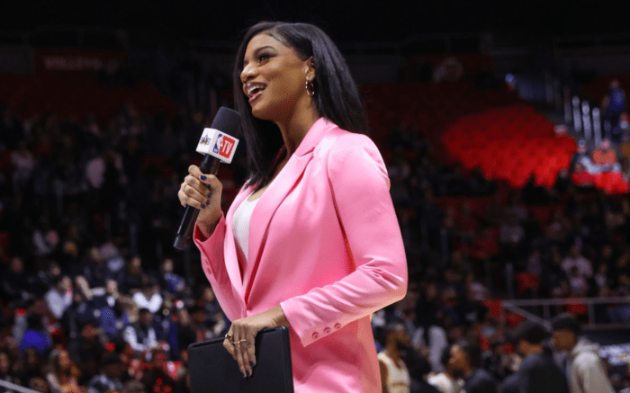 SALT LAKE CITY, UT - FEBRUARY 18: Taylor Rooks looks on during NBA HBCU Classic as part of 2023 NBA All Star Weekend on Saturday, February 18, 2023 at the Jon M. Huntsman Center in Salt Lake City, Utah. NOTE TO USER: User expressly acknowledges and agrees that, by downloading and/or using this Photograph, user is consenting to the terms and conditions of the Getty Images License Agreement. Mandatory Copyright Notice: Copyright 2023 NBAE (Photo by Joe Murphy/NBAE via Getty Images)