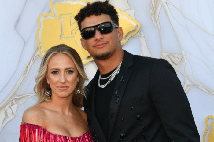 Brittany and Patrick Mahomes at Super Bowl ceremony.