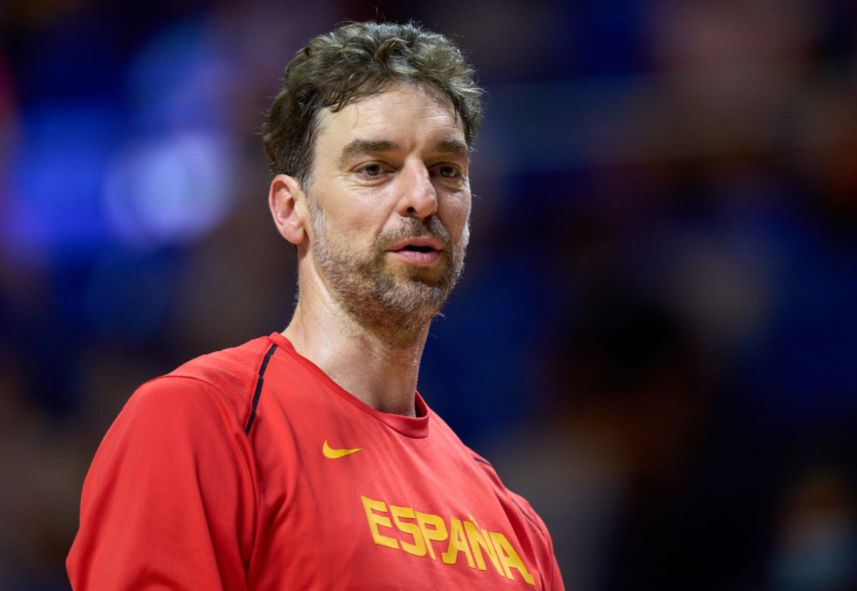 Spain's Pau Gasol looks on during a warmup period before an international game against France.