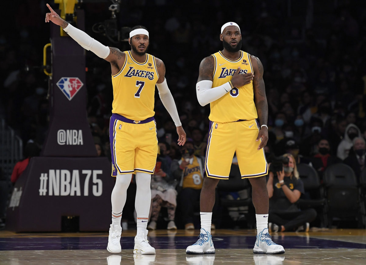 Carmelo Anthony and LeBron James during a Los Angeles Lakers preseason game.