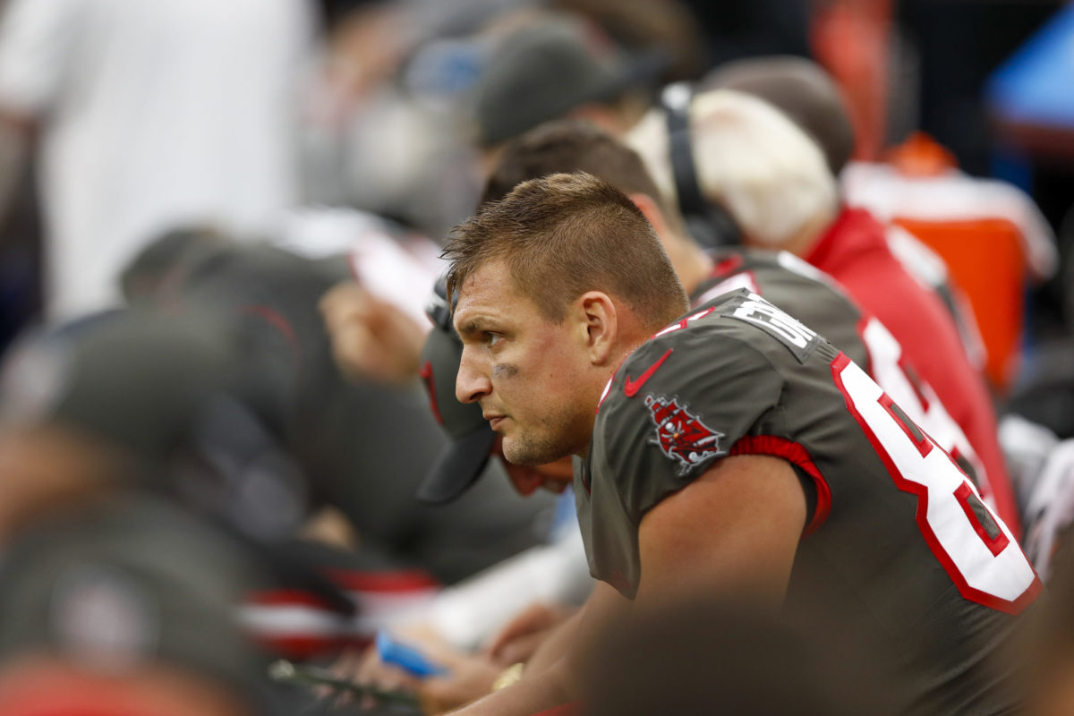 Buccaneers tight end Rob Gronkowski on the bench.