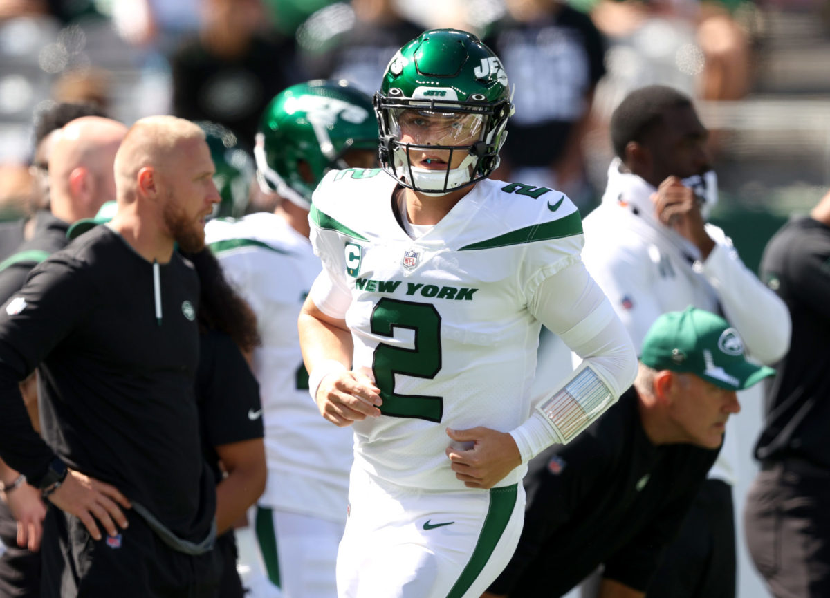 New York Jets quarterback Zach Wilson (2) warms up before an NFL