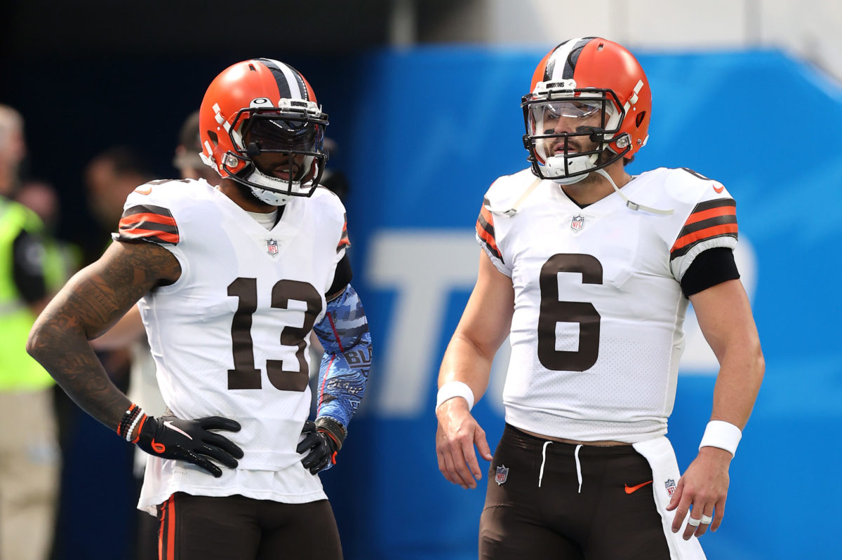 Odell Beckham Jr. and Baker Mayfield talk before a game.