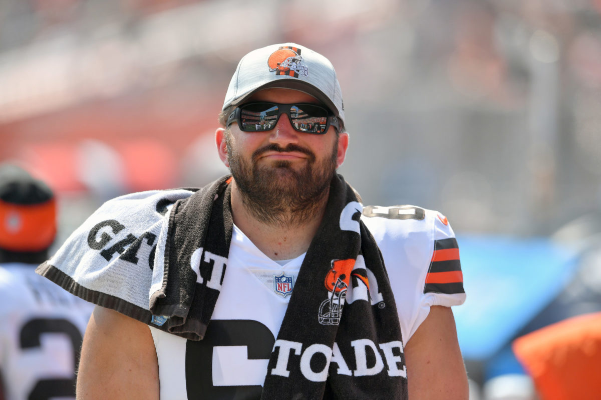 Cleveland Browns center and NFLPA president JC Tretter looks on on the sidelines.