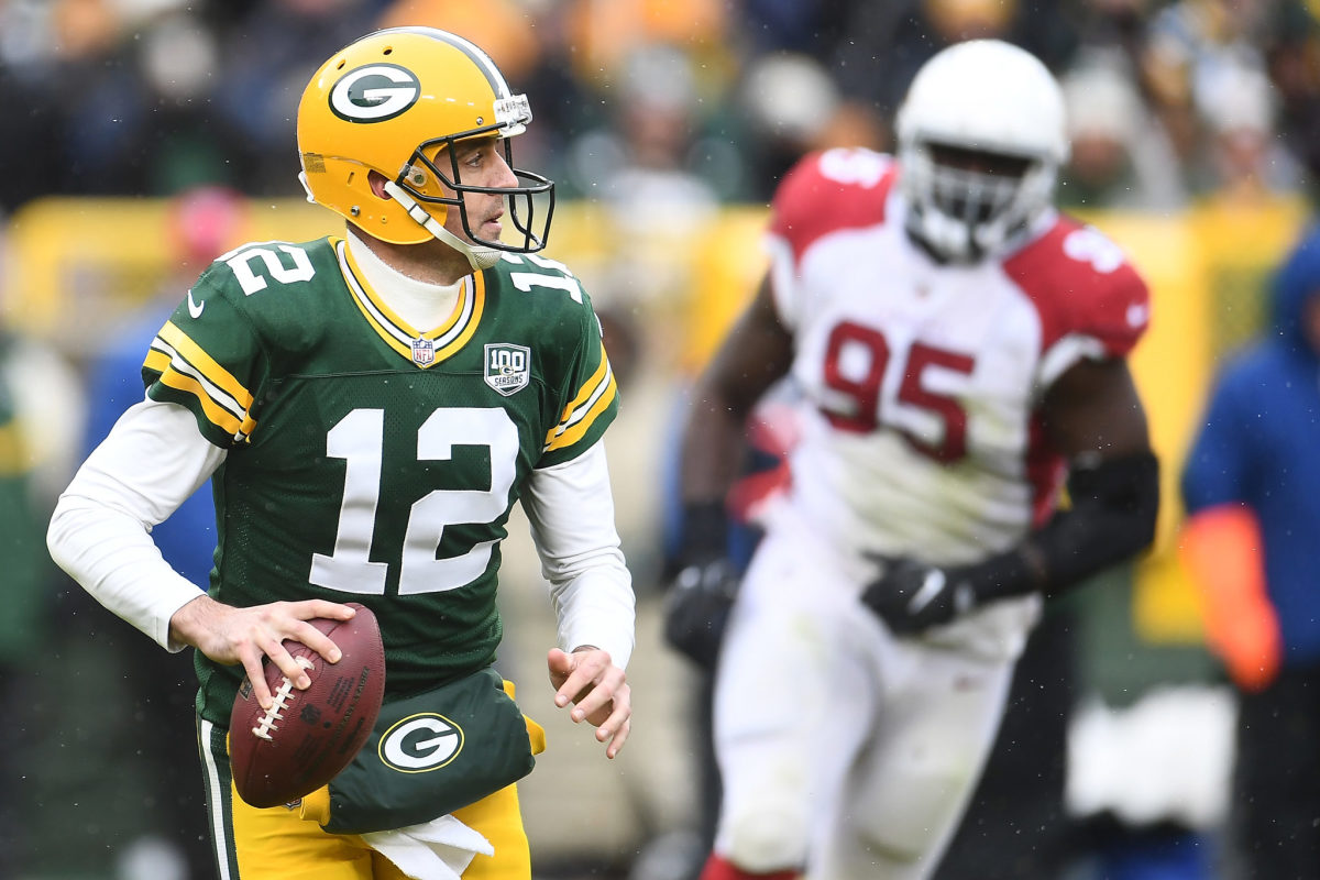 Green Bay Packers quarterback Aaron Rodgers playing against the Arizona Cardinals.