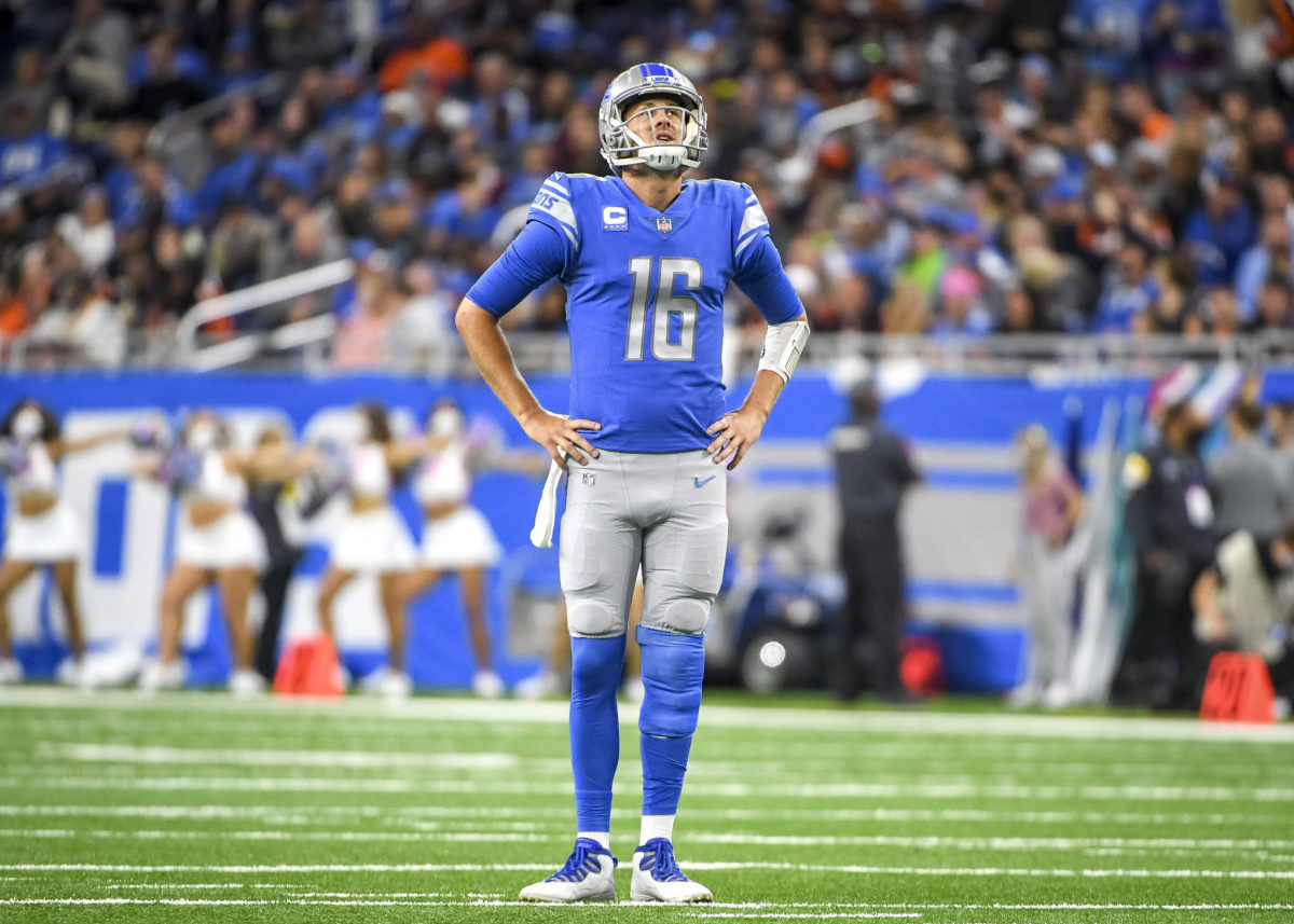 Detroit Lions quarterback Jared Goff on the field.