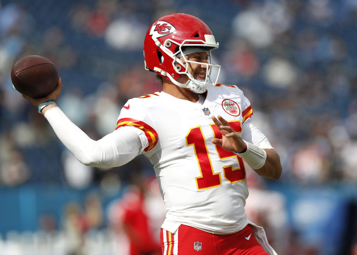 Patrick Mahomes warming up before a game against the Tennessee Titans in 2021. 