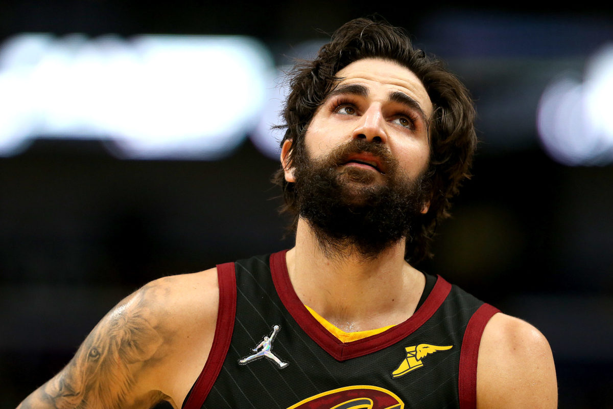 Cleveland Cavaliers guard Ricky Rubio looks off into the distance.