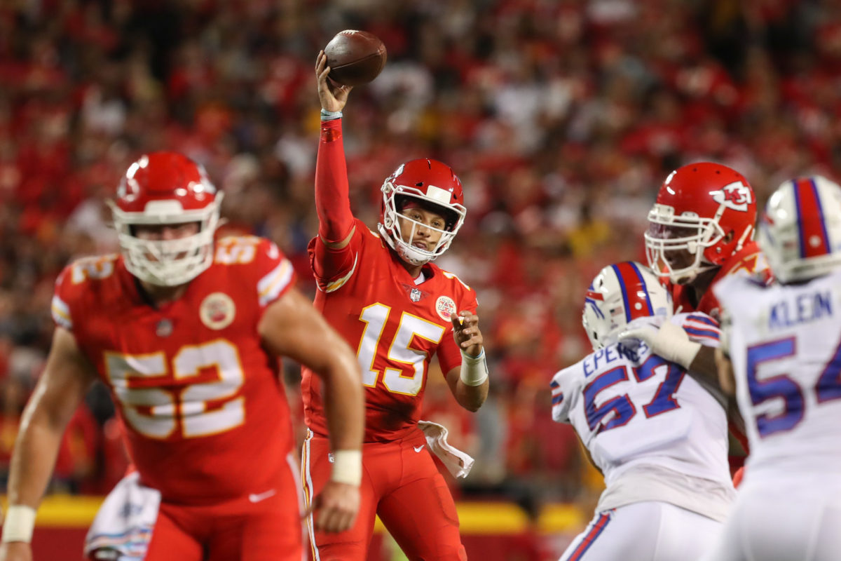 Chiefs quarterback Patrick Mahomes throws a pass against the Bills.