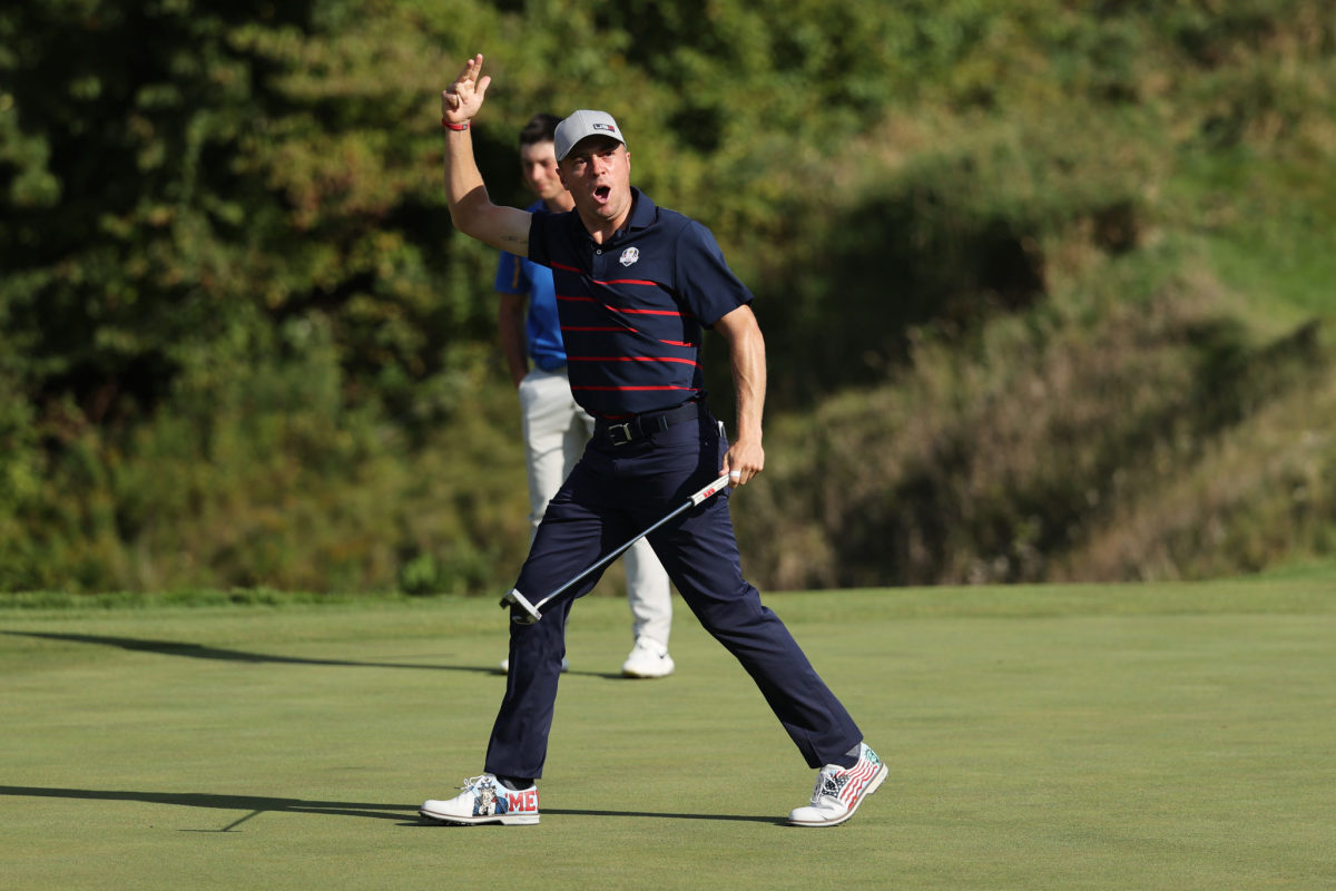 Justin Thomas celebrates a putt at the 43rd Ryder Cup.