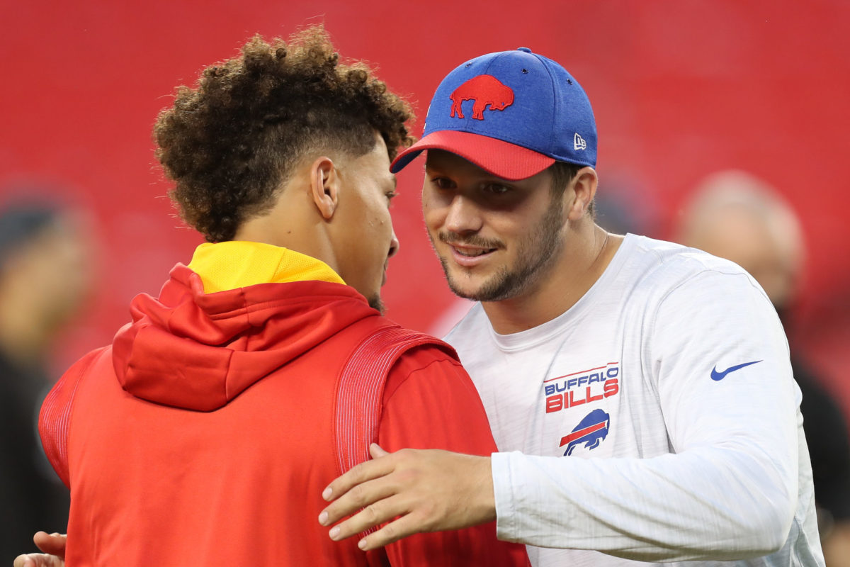 Patrick Mahomes and Josh Allen share a hug before a game.