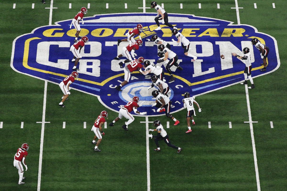 An overhead shot of the midfield logo during the Cotton Bowl.