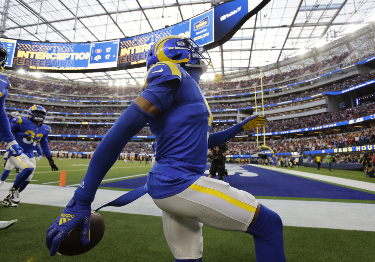 Los Angeles Rams cornerback Jalen Ramsey (5) runs before an NFL football  game against the San Francisco 49ers, Sunday, Oct. 30, 2022, in Inglewood,  Calif. (AP Photo/Kyusung Gong Stock Photo - Alamy