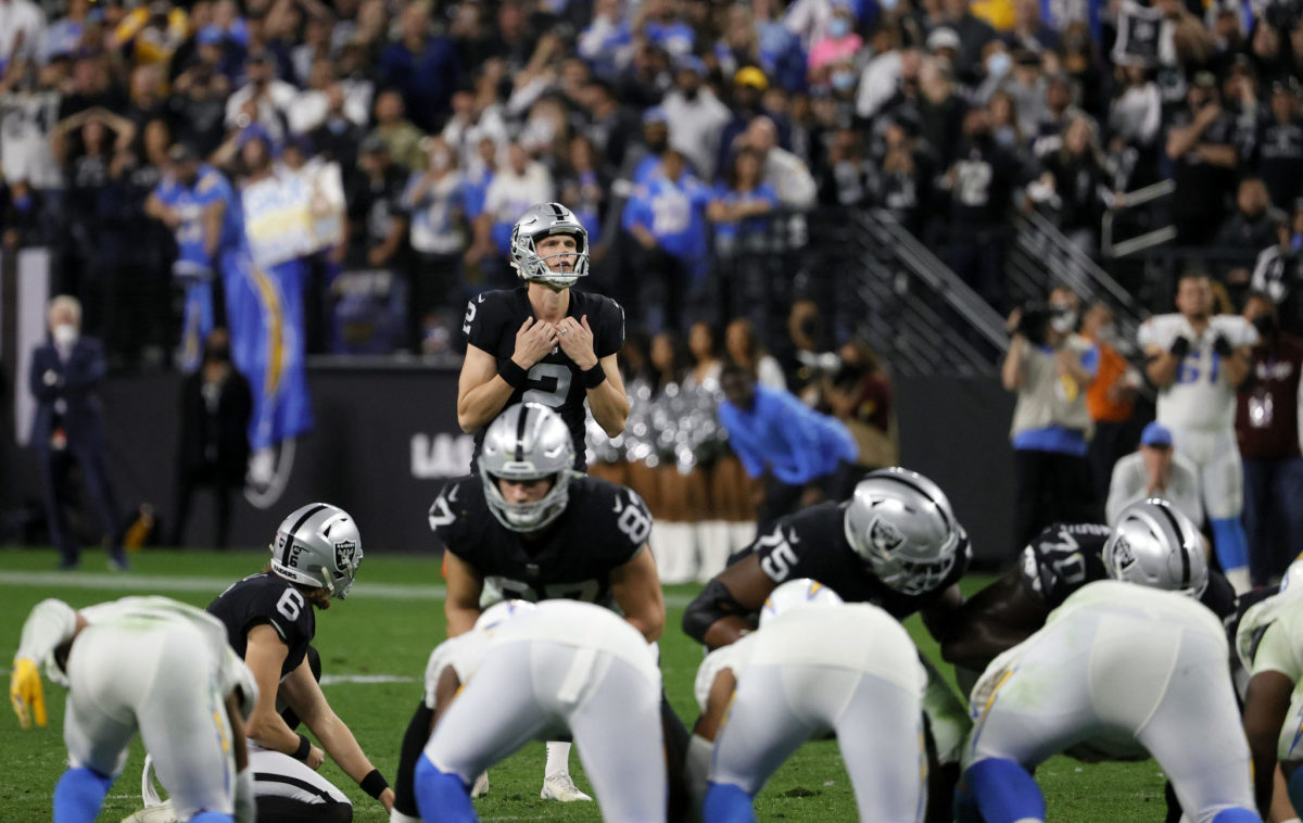 Las Vegas Raiders place kicker Daniel Carlson (2) is seen during the second  half of an NFL football game against the Dallas Cowboys, Saturday, Aug. 26,  2023, in Arlington, Texas. Dallas won