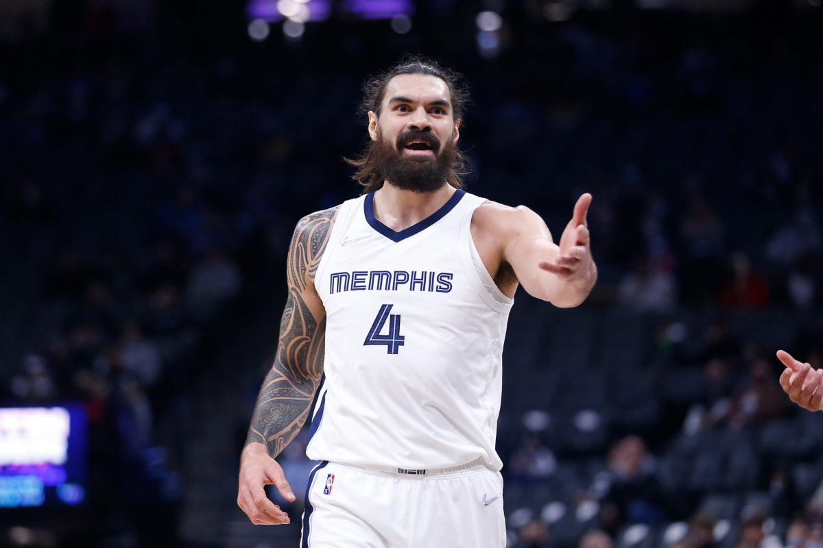 Memphis  Grizzlies center Steven Adams points after a call by a referee.