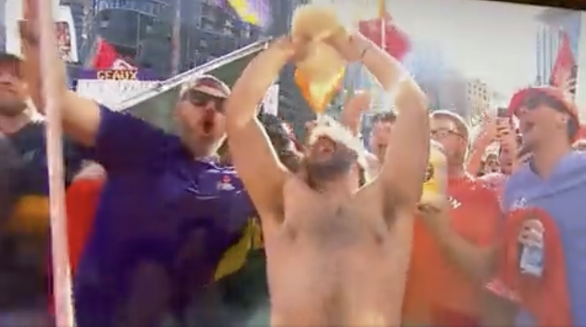 College football fan bathes in mayo.