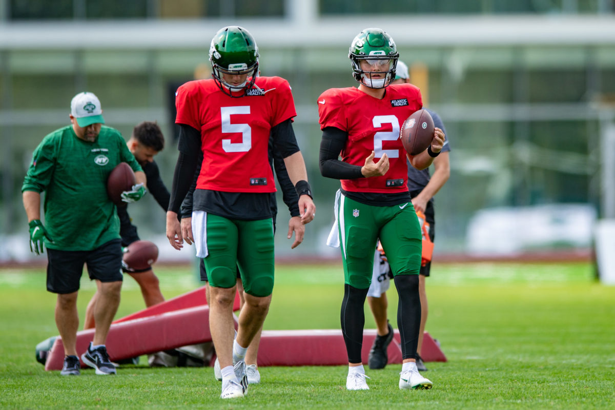 New Jersey, USA. 30th July, 2021. July 30, 2021, Florham Park, New Jersey,  USA: New York Jets quarterback Mike White (5) during practice at the  Atlantic Health Jets Training Center, Florham Park