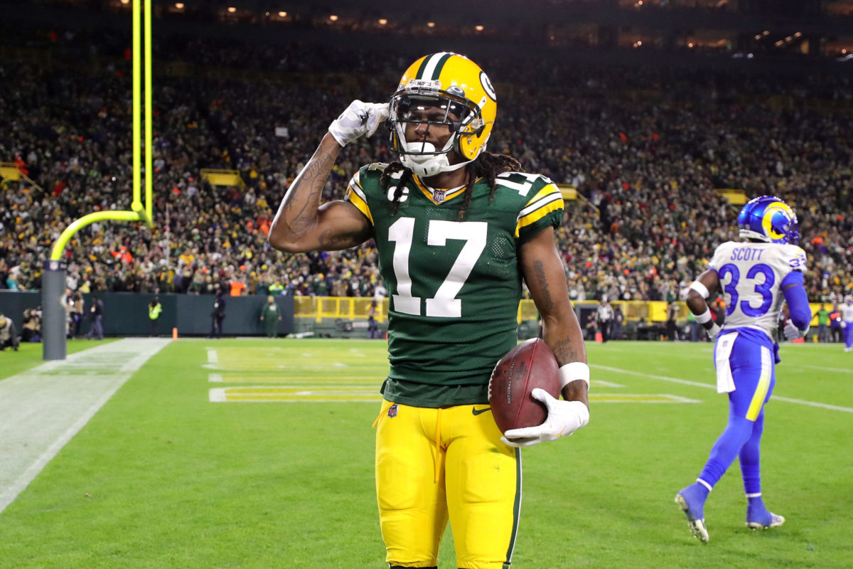 Green Bay Packers Davante Adams celebrates after a catch.