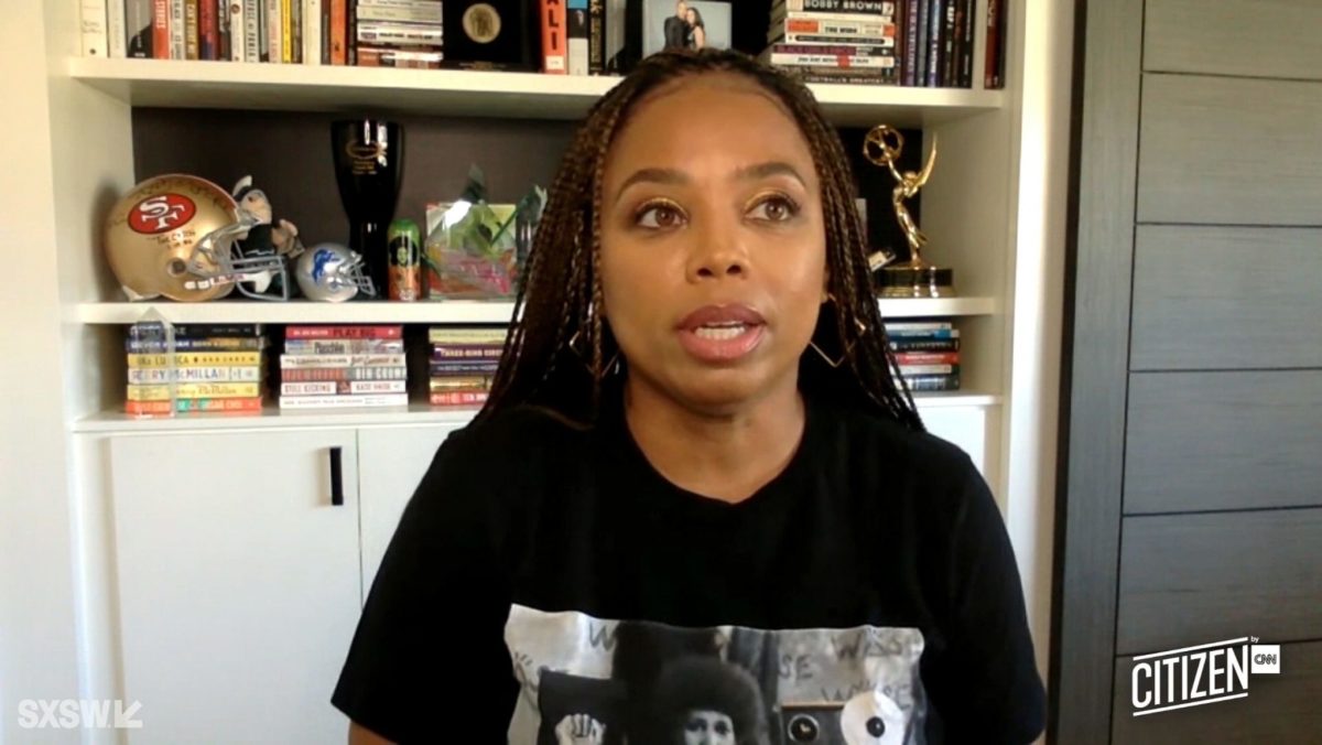 Jemele Hill looks off into the distance during a virtual conference.