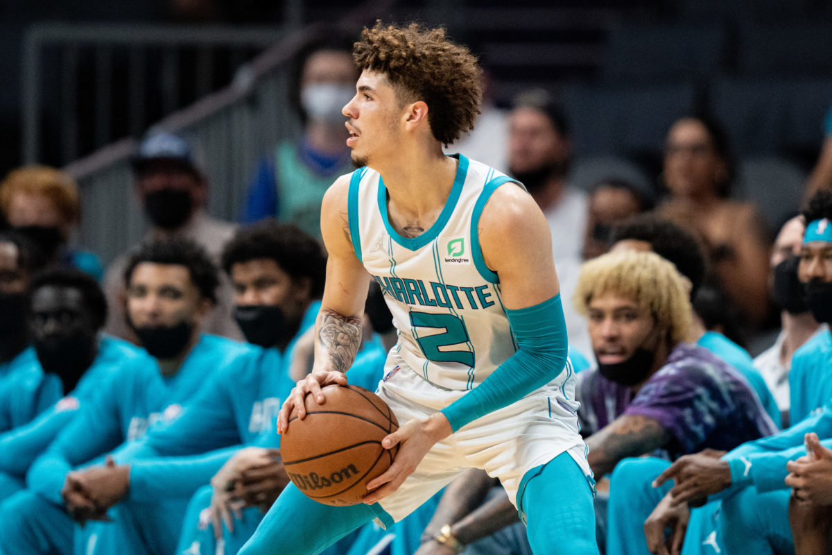 Hornets point guard LaMelo Ball squares up a shot.