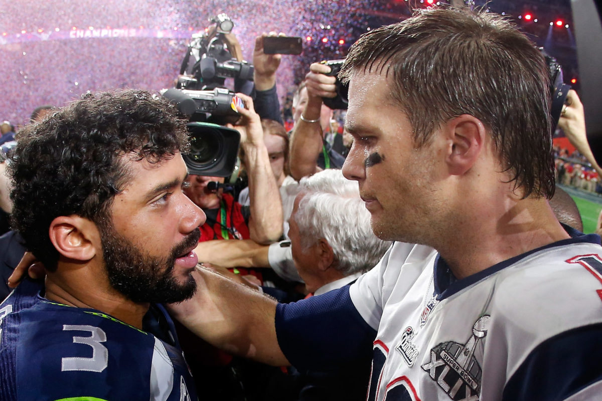 Russell Wilson and Tom Brady at Super Bowl XLIX.
