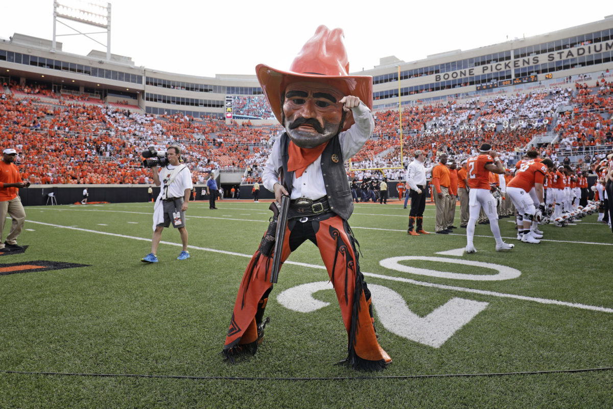 Oklahoma State's mascot on the football field.