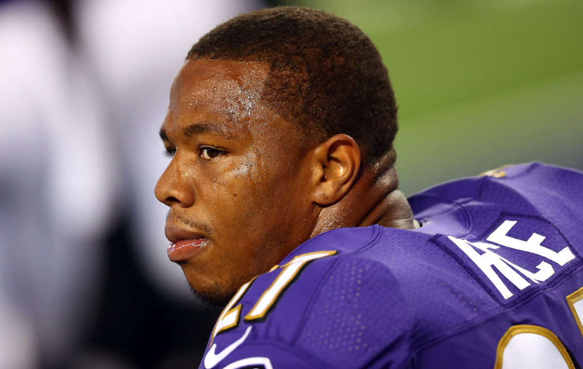 A closeup of Ray Rice on the sideline.