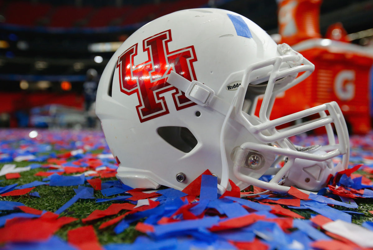 A closeup of a University of Houston football helmet.