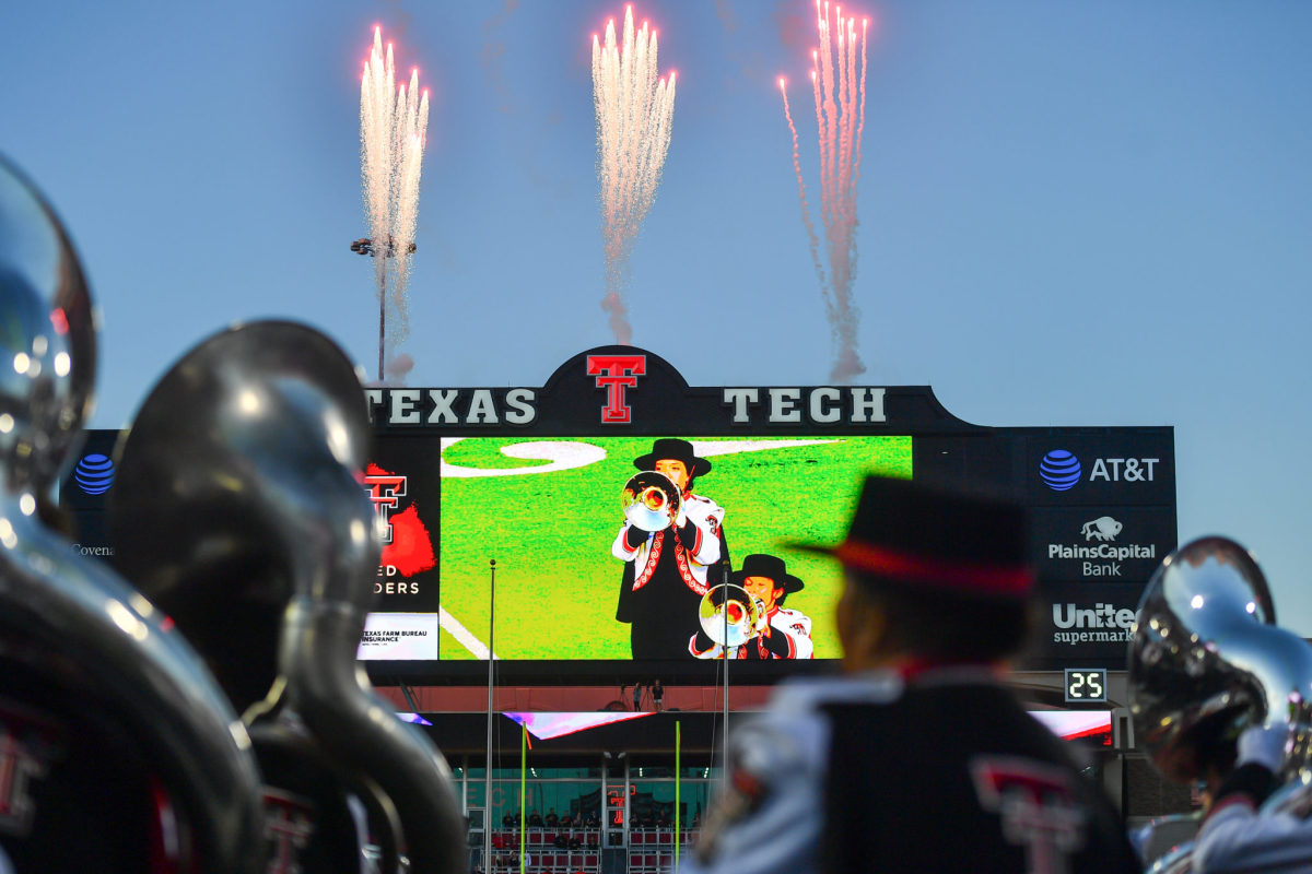 A view of the big screen in Texas Tech's football stadium.