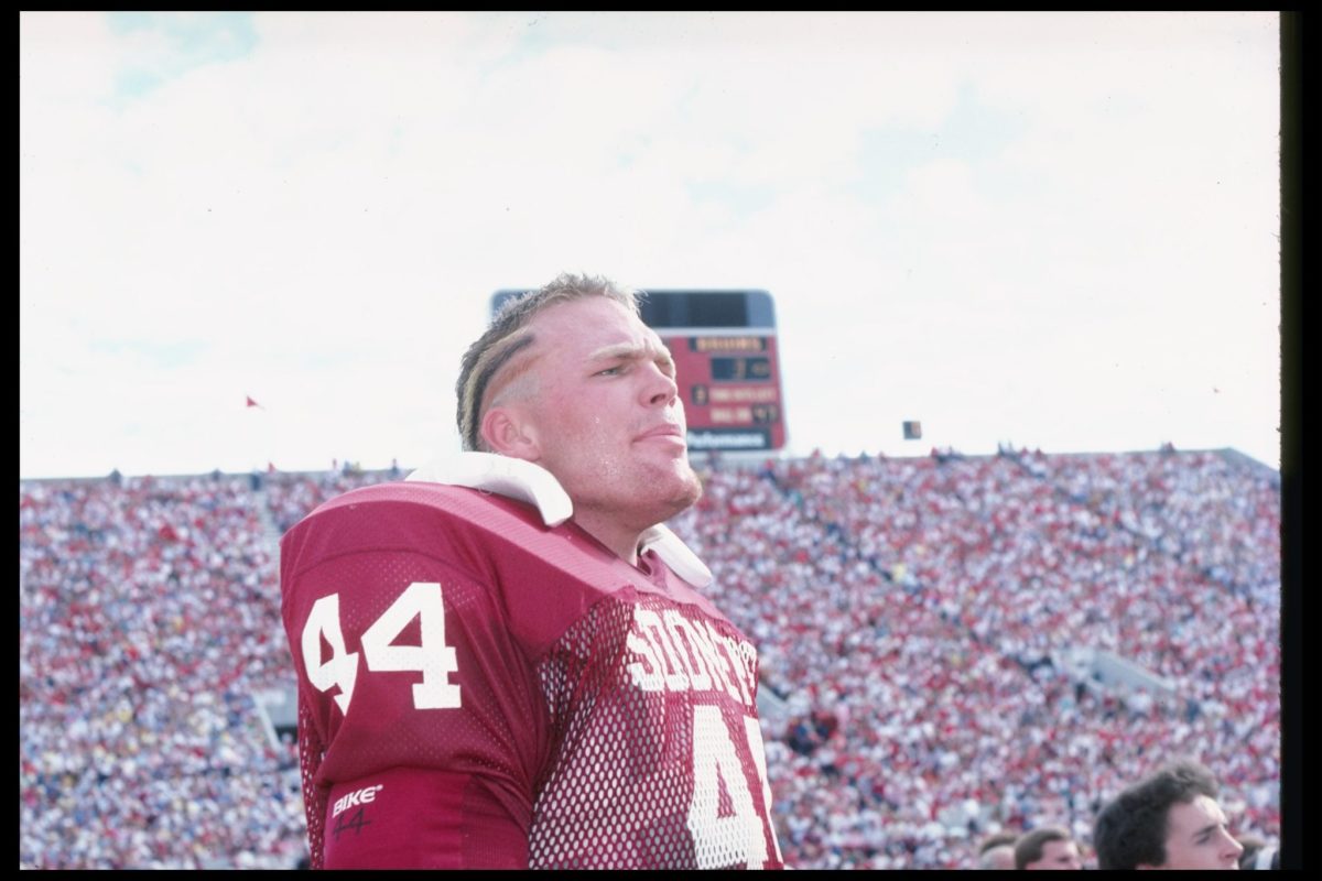 A closeup of Brian Bosworth in his Oklahoma uniform.