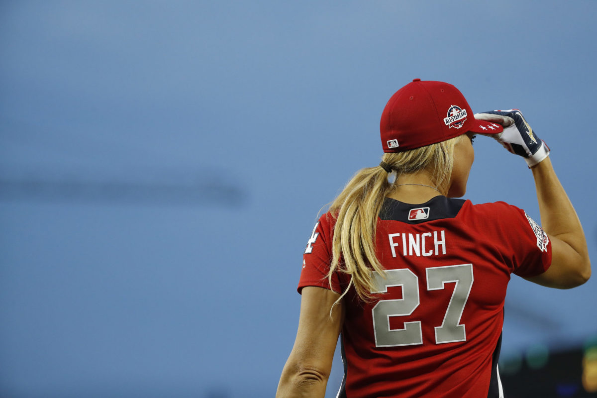 A picture of Jennie Finch wearing a softball jersey.