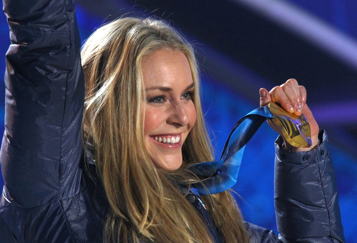 Lindsey Vonn on the Olympics medal stand.