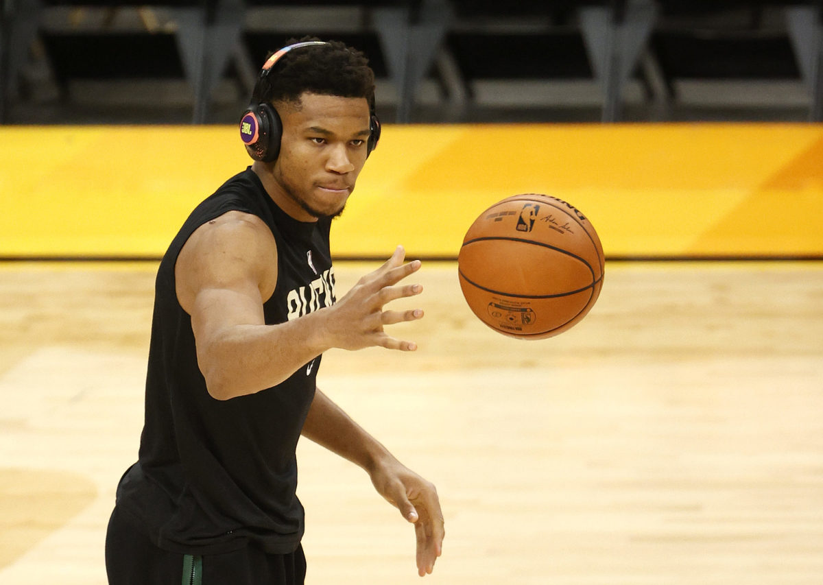 Giannis Antetokounmpo warming up before Game 1 of the 2021 NBA Finals