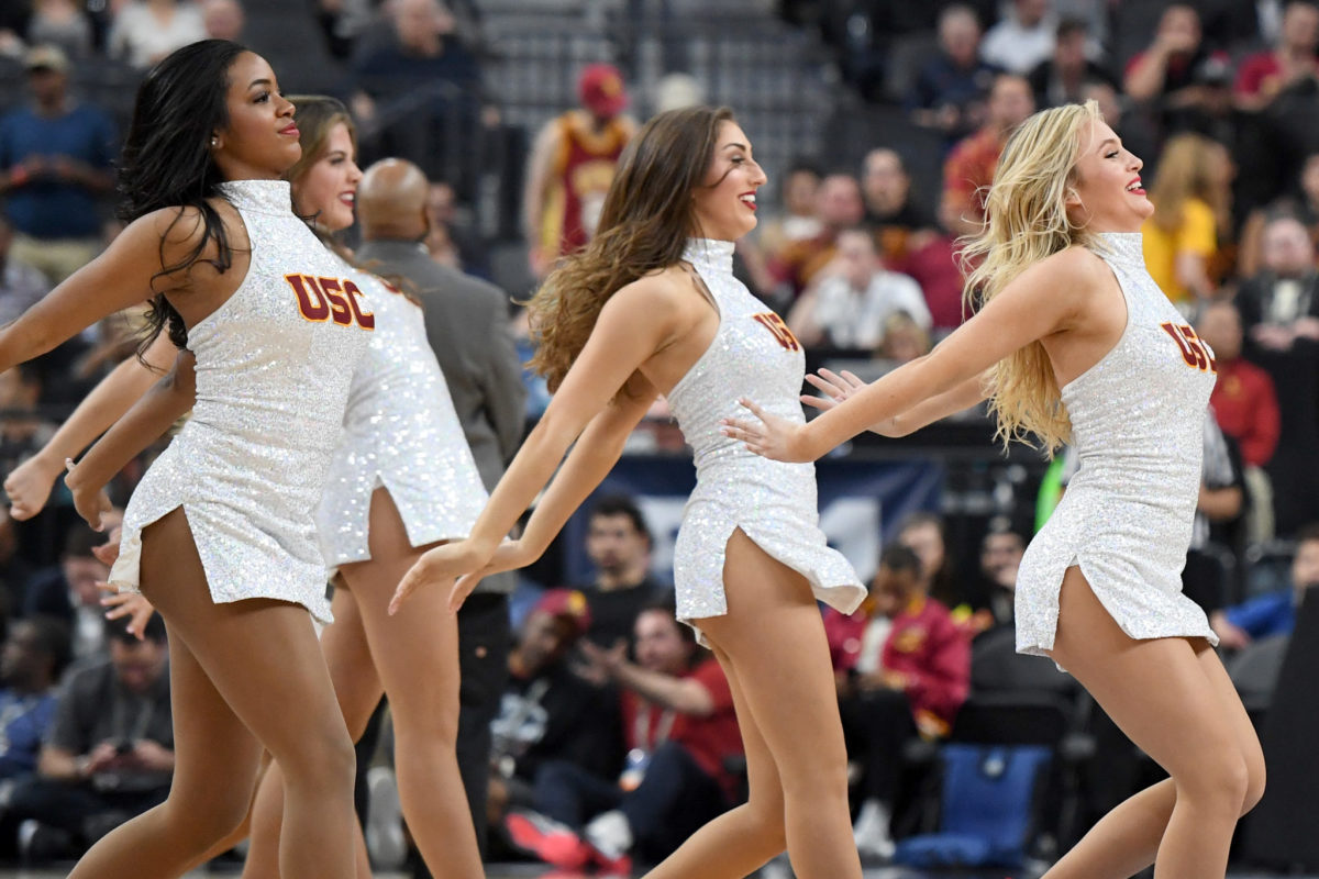 USC cheerleaders performing during a game.
