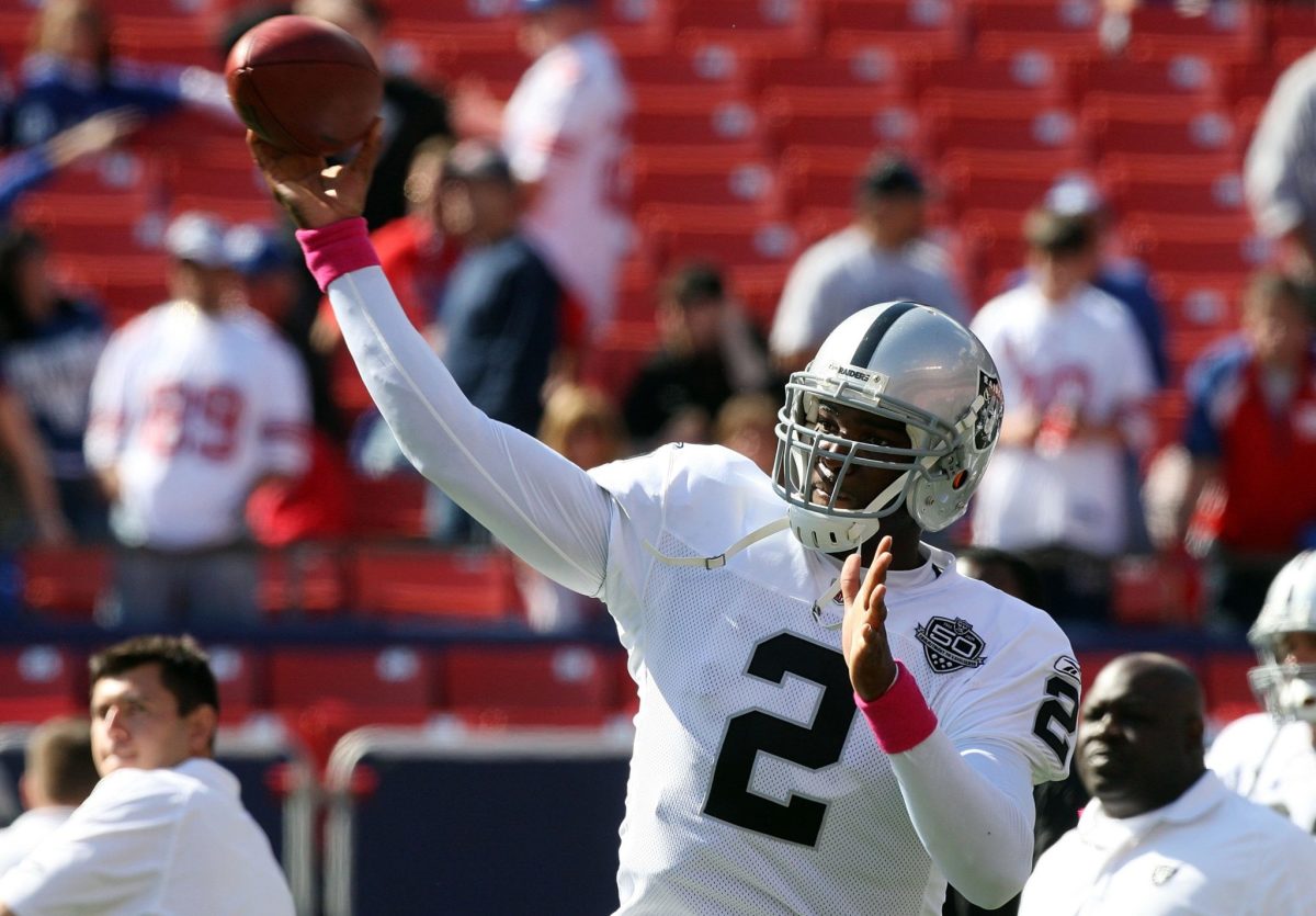 JaMarcus Russell #2 of the Oakland Raiders warms up before playing the New York Giants on October 11, 2009 at Giants Stadium.