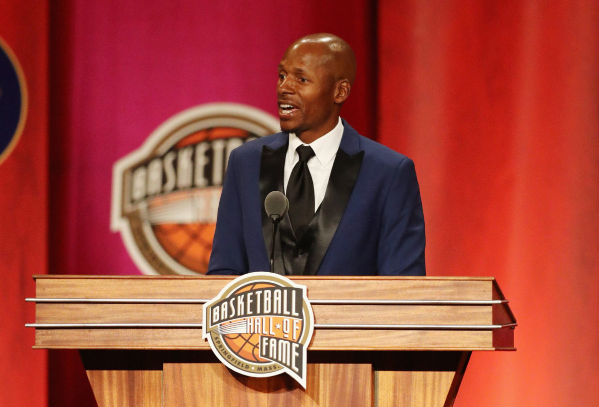 Ray Allen speaking during his Hall Of Fame induction ceremony.