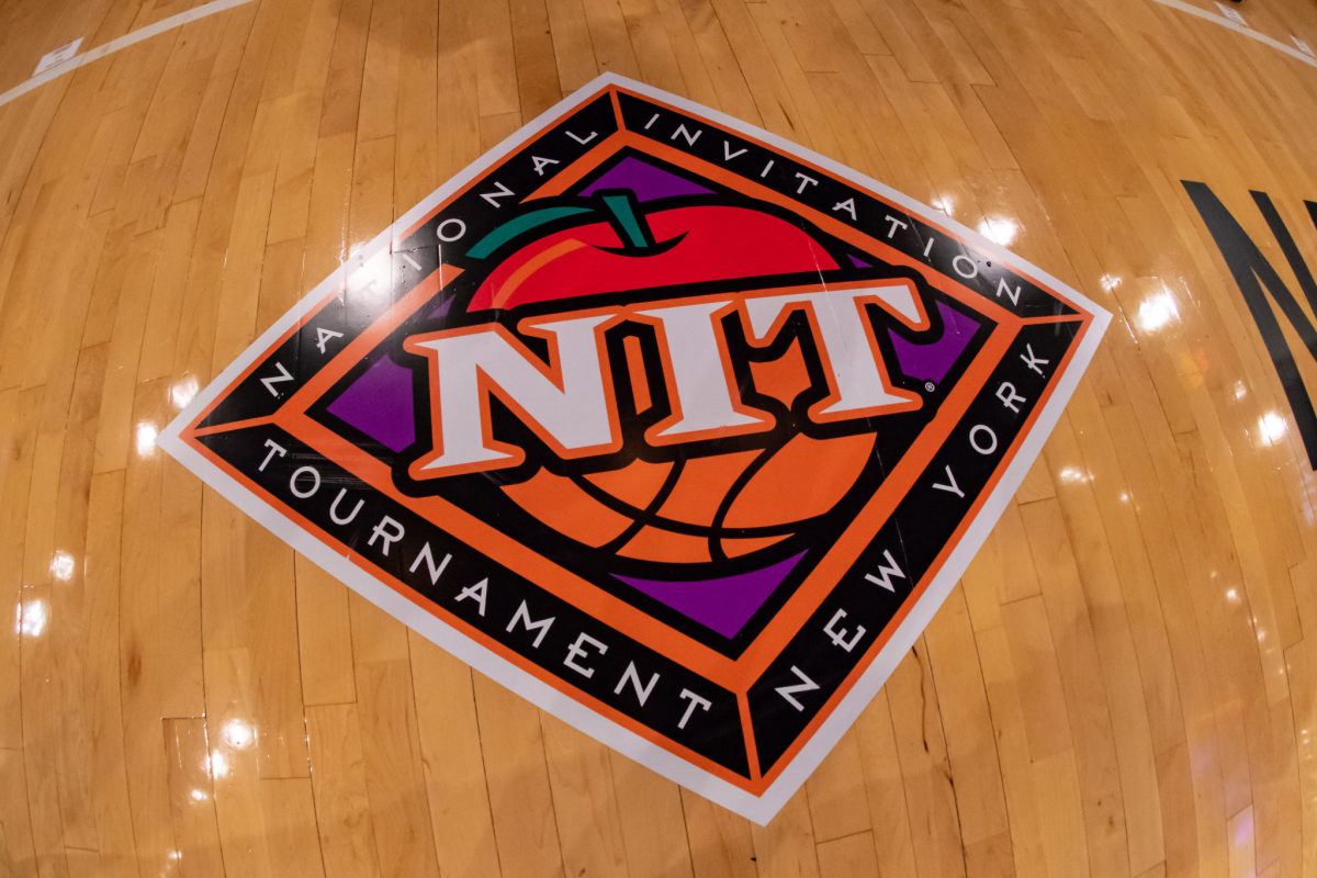 An NIT logo on the court at Madison Square Garden.