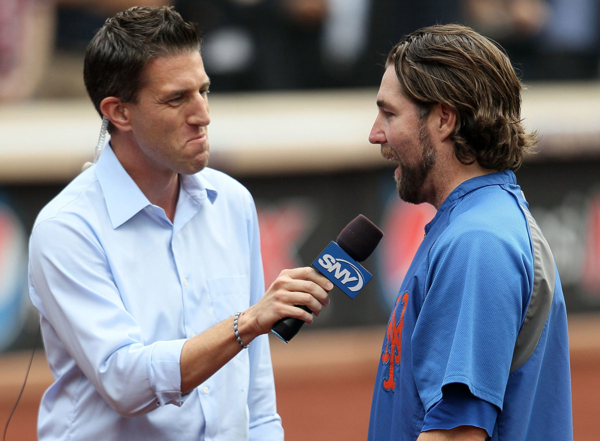 Pitcher R.A. Dickey speaking to an SNY reporter.