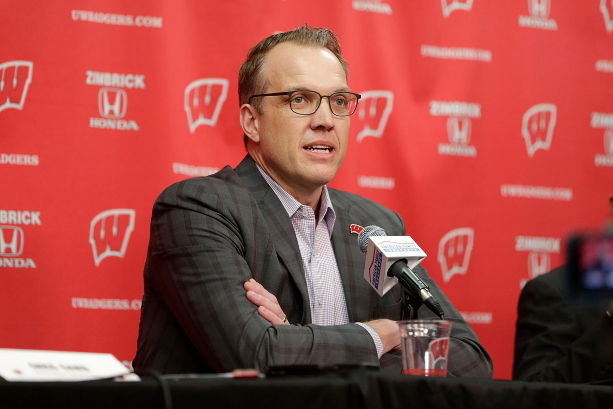 Wisconsin AD Chris McIntosh speaks following a game.