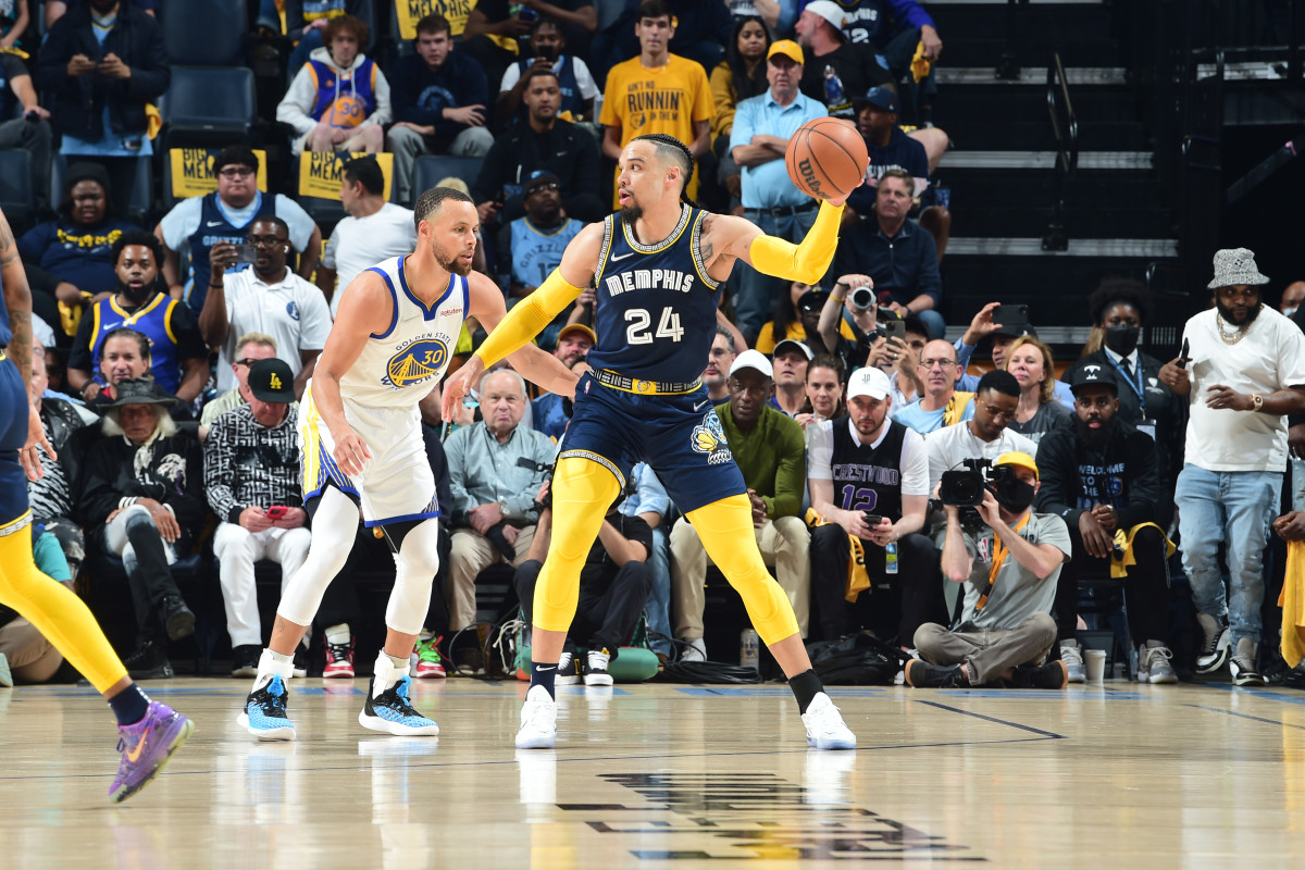 Grizzlies shooting guard Dillon Brooks in the playoffs against Steph Curry and the Warriors.