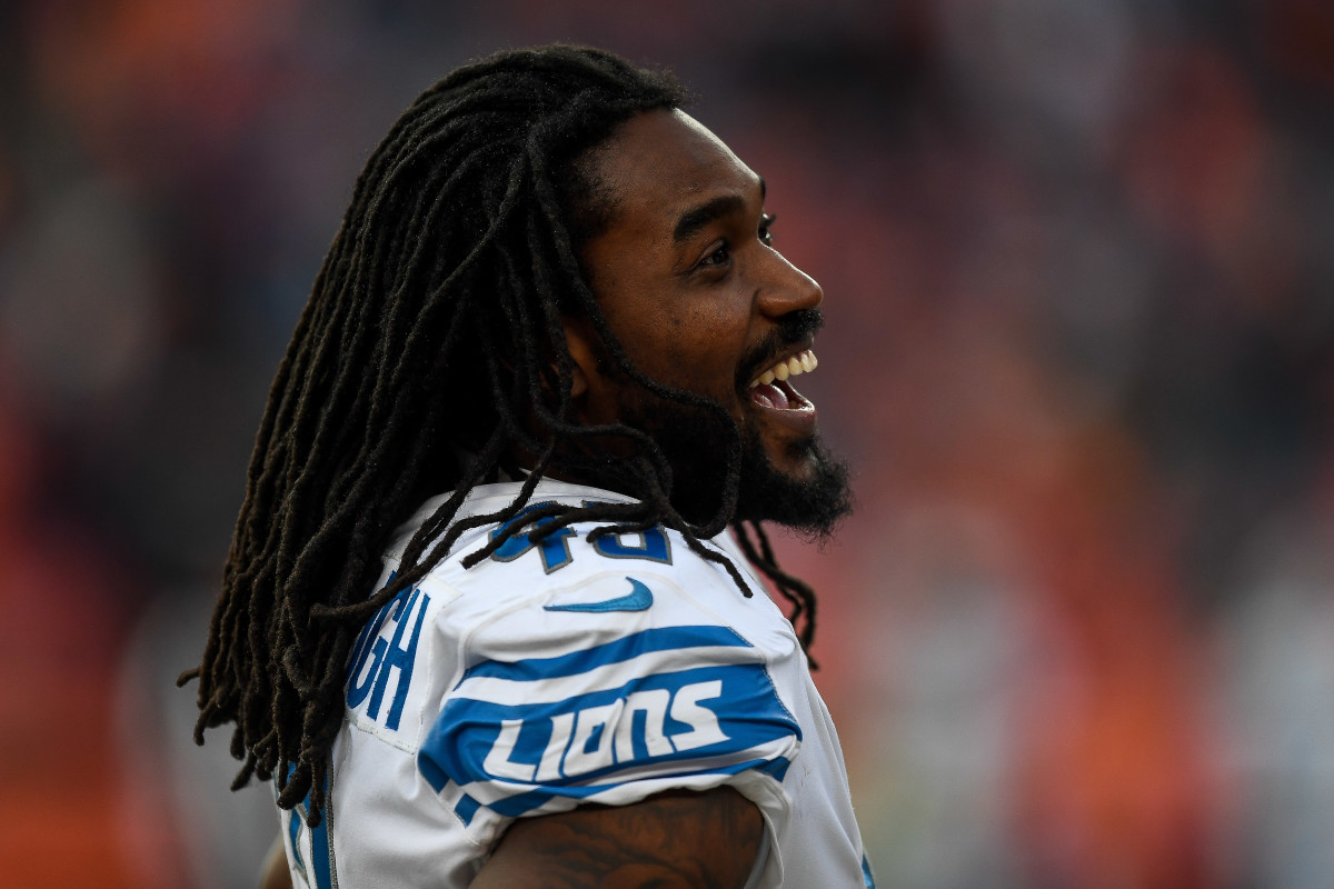 DENVER, CO - DECEMBER 22:  A close-up head shot of a smiling Bo Scarbrough on the sideline with the Lions.