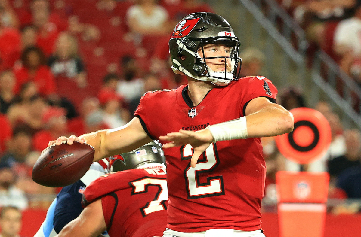 Kyle Trask looks to pass for the Tampa Bay Buccaneers.