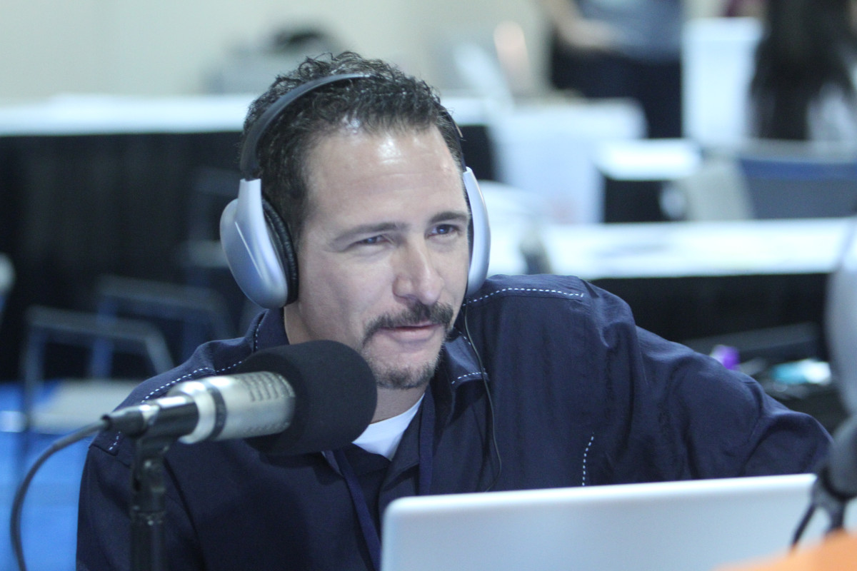 Jim Rome hosting his show for Radio Row at the Super Bowl.