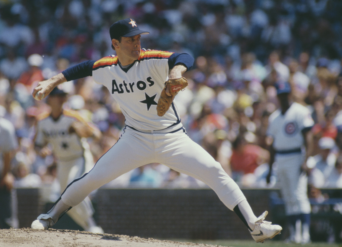 Legendary MLB pitcher Nolan Ryan on the mound for the Houston Astros back in the day.