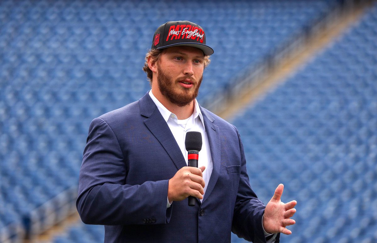 Foxborough, MA - April 29: New England Patriots first-round draft pick Cole Strange on the game field at Gillette Stadium in Foxborough, MA on April 29, 2022. (Photo by Barry Chin/The Boston Globe via Getty Images)