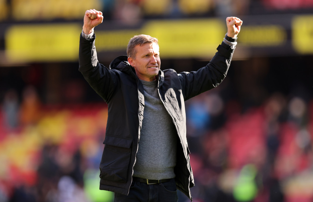 WATFORD, ENGLAND - APRIL 09: Jesse Marsch, Manager of Leeds United celebrates with fans after their sides victory during the Premier League match between Watford and Leeds United at Vicarage Road on April 09, 2022 in Watford, England. (Photo by Alex Morton/Getty Images)
