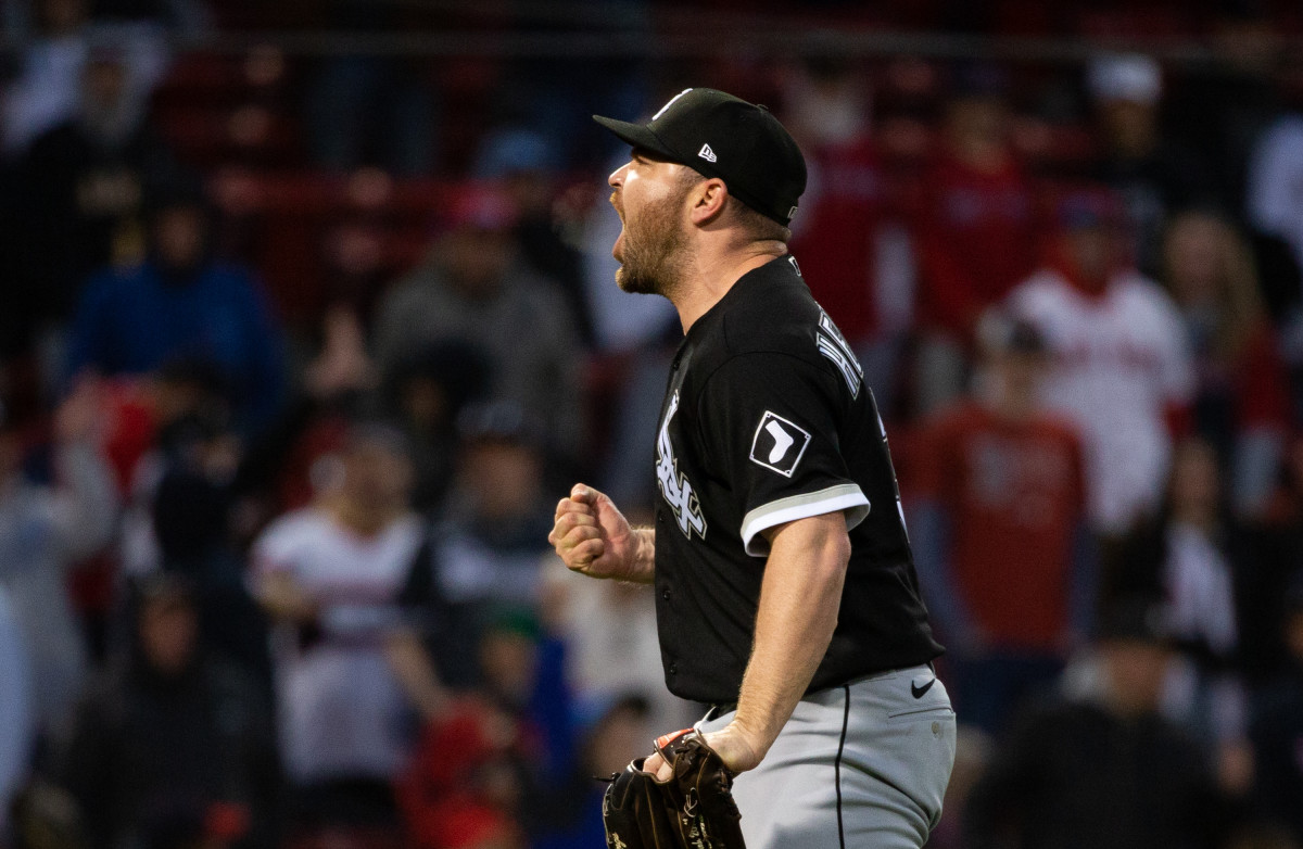 White Sox pitcher Liam Hendriks yells after closing out a game.