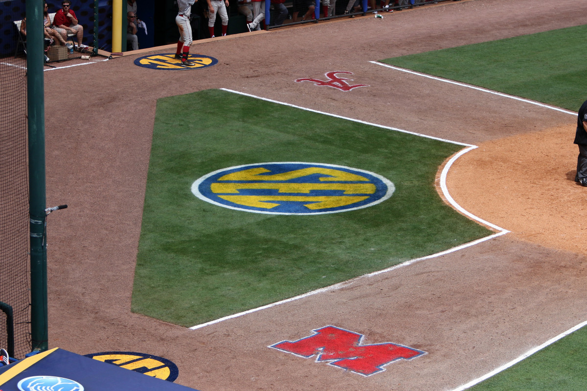 A picture of the SEC logo on the field at the SEC Baseball Tournament.
